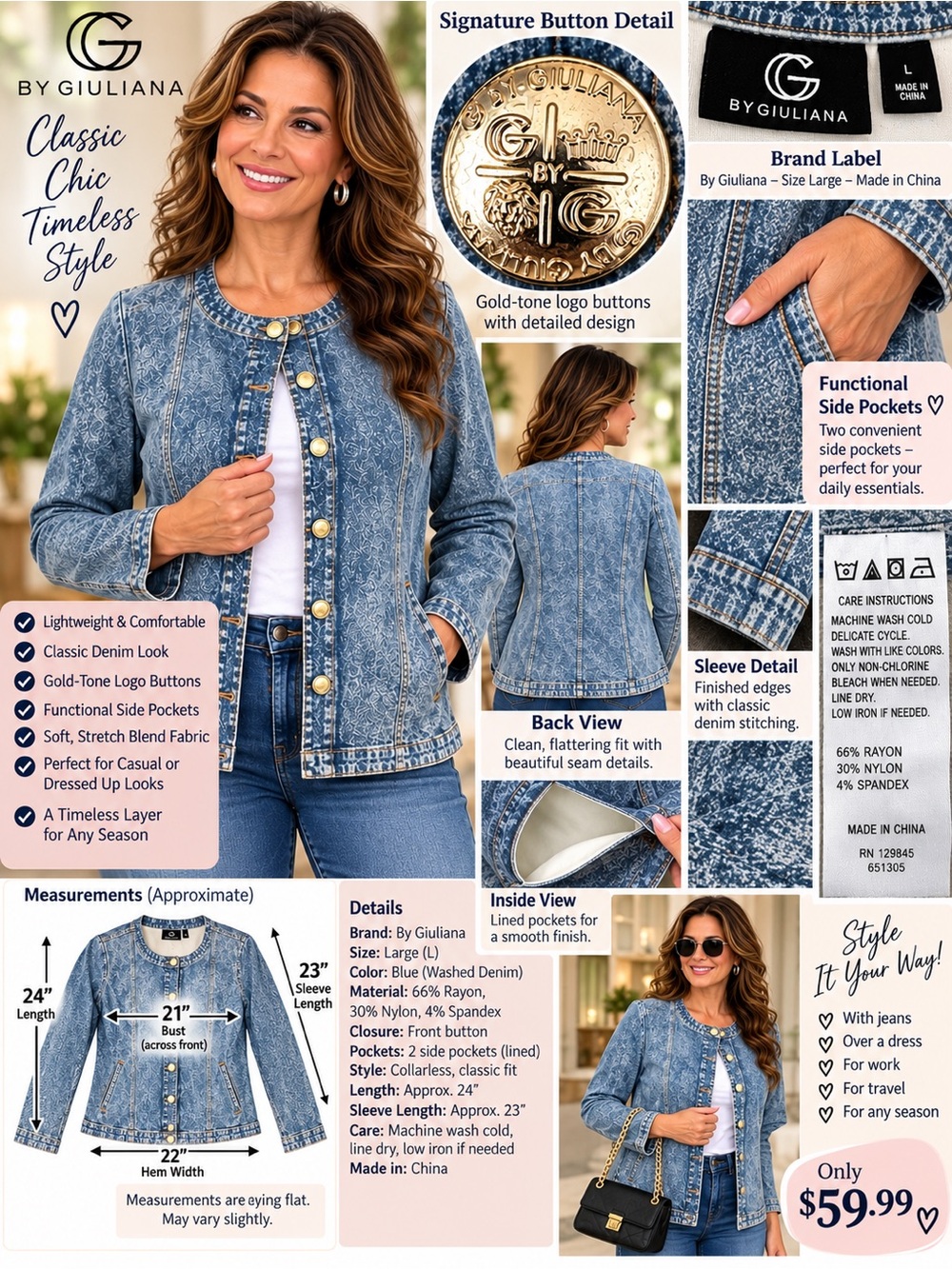G by Giuliana Washed Blue Denim Button-Front Jacket with Gold-Tone Buttons
